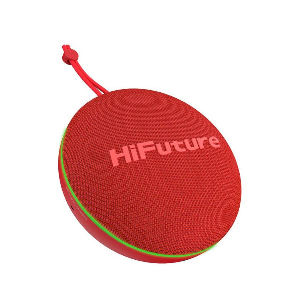 Red portable Bluetooth speaker with green trim and hanging loop, textured fabric grille