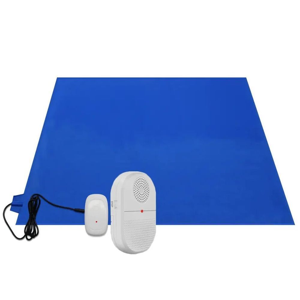 Blue pressure sensor mat with wireless caregiver pager and remote button unit