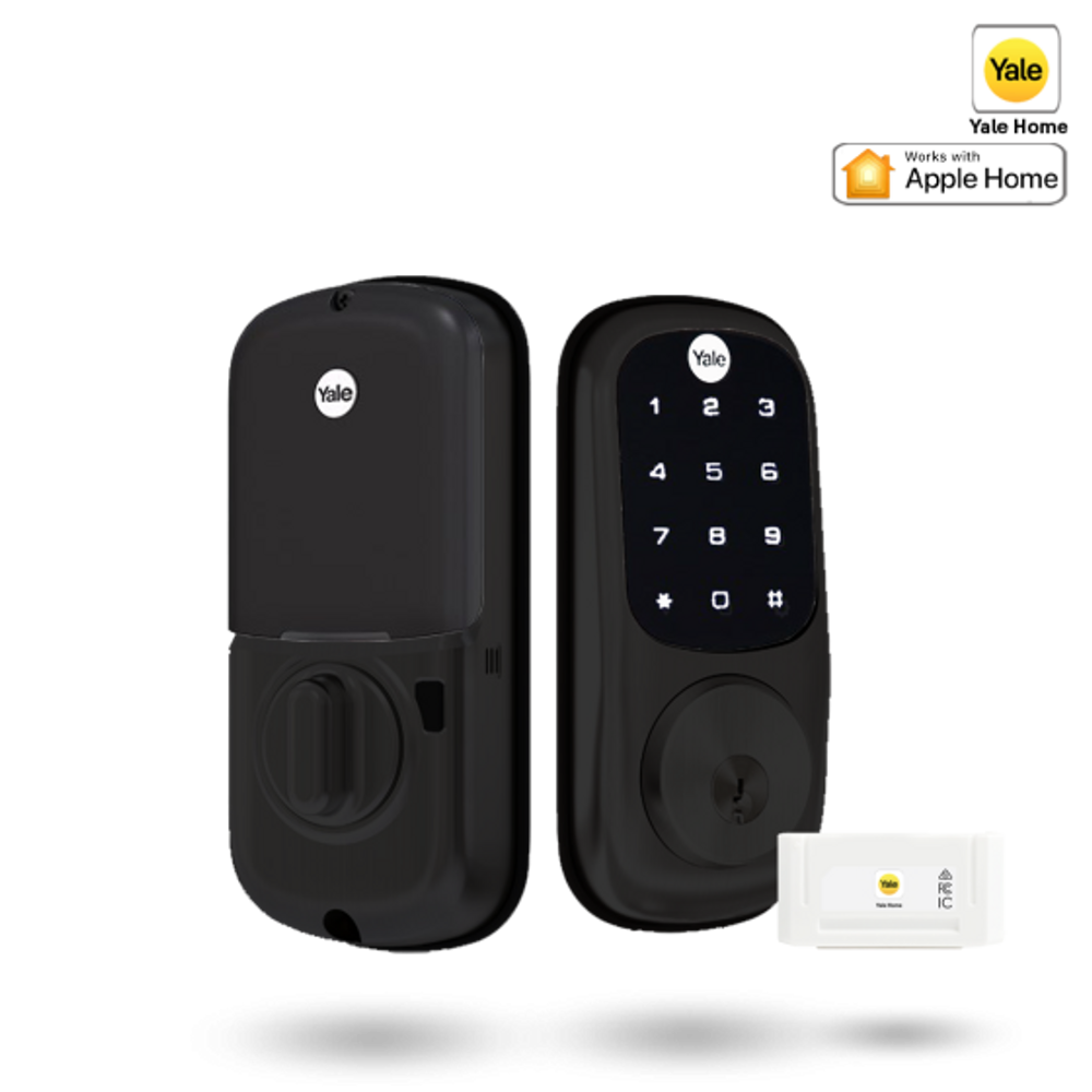 Matte black keypad smart lock with lever handle and included wireless module