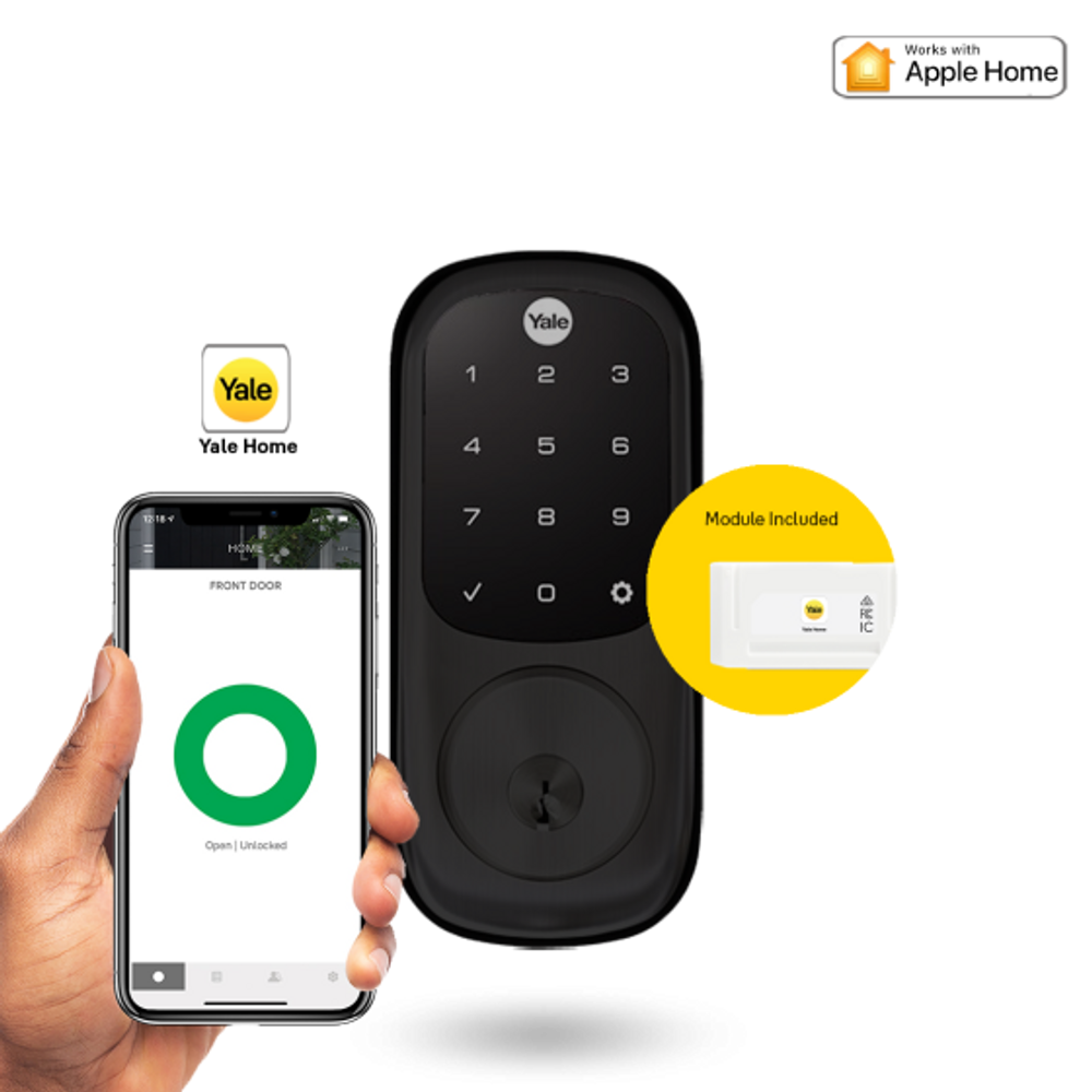 Matte black keypad smart lock with lever handle, smartphone app shown, module included
