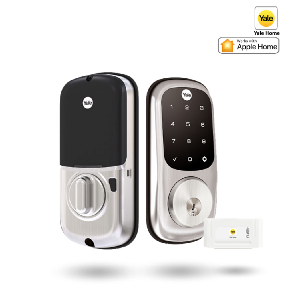 Yale smart-ready keypad door lock with satin nickel finish and add-on module