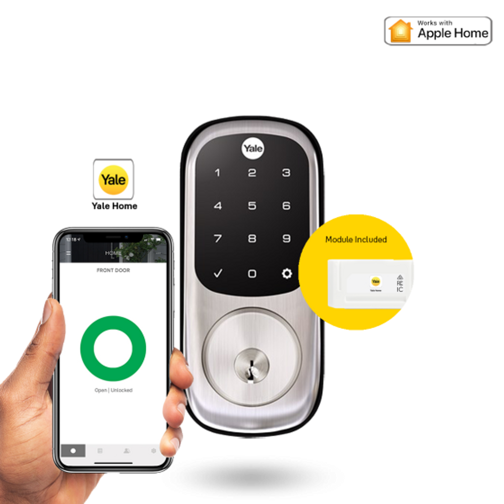 Keyed smart lock with keypad and satin nickel lever plus connected mobile app screen