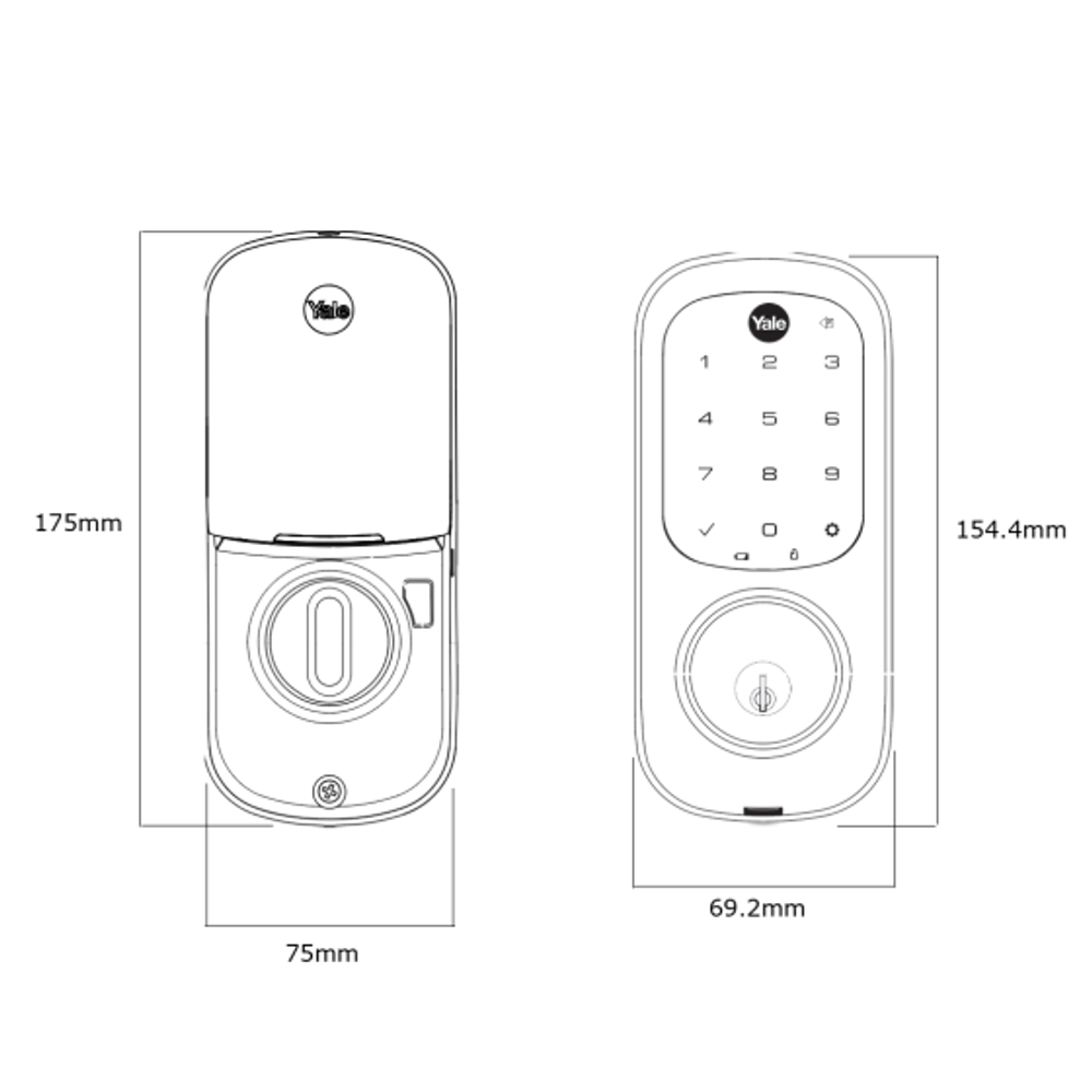 Keyed smart lock front and back view with keypad, latch, and circular control
