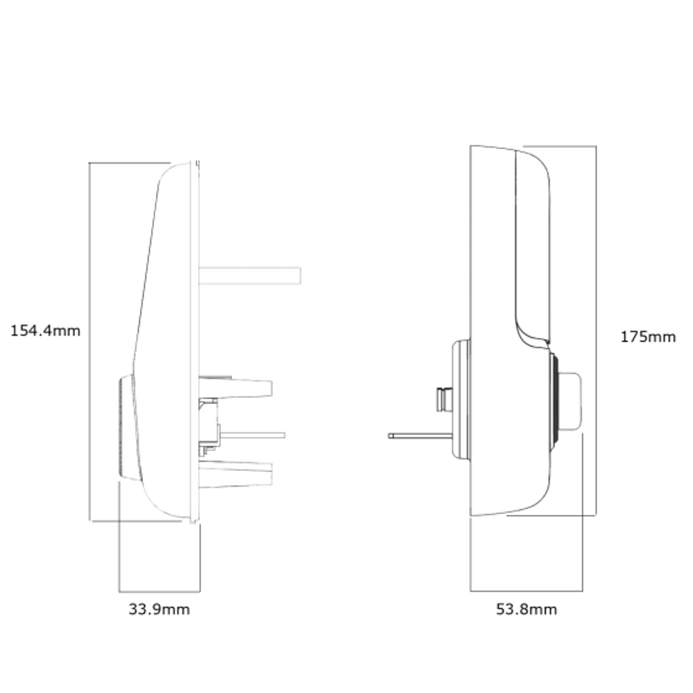 Matte black keypad smart lock internal and side components layout