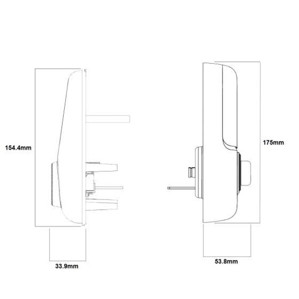Lock dimensions diagram showing front and side profiles with lever handle