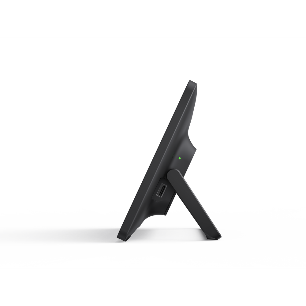 11.6-inch Yealink extended touch console side view, black stand and indicator light