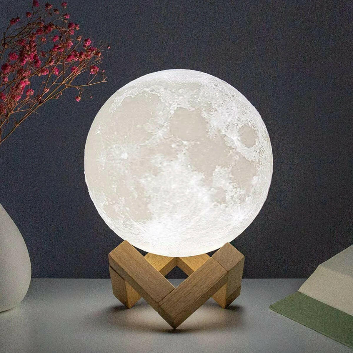 D5 8cm LED Moon Lamp with Stand - Battery Operated Starry Night Light for Bedroom Decor White