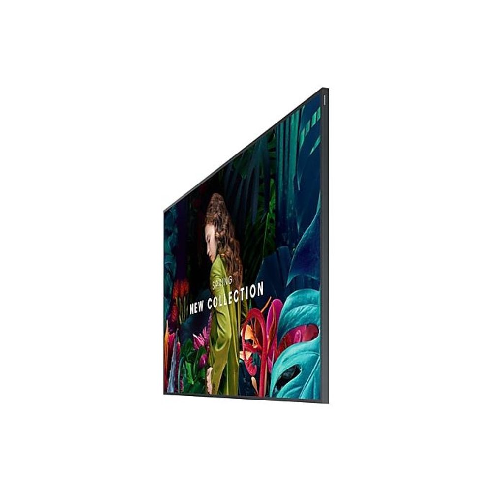 Samsung LCD digital signage display tilted front view, thin dark bezel, colorful image