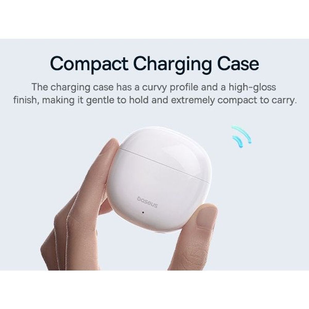 White compact charging case with curved profile for true wireless earbuds