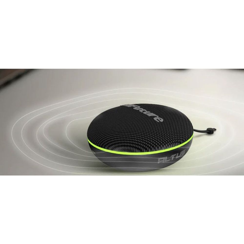 Black portable speaker with neon green edge ring and small hanging loop