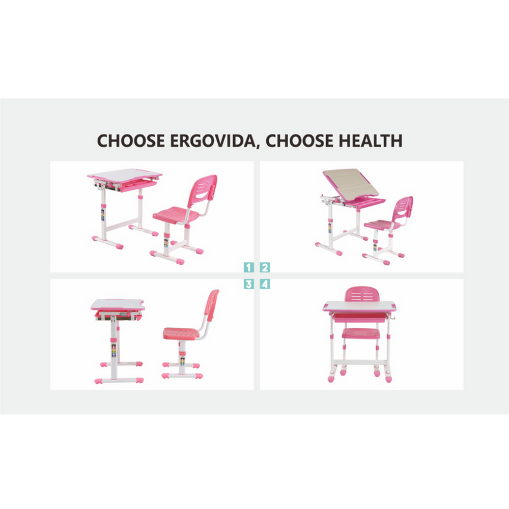 BT-B201-PNK - Bracom Ergonomical Height Adjust kids desk and chair set- Pink