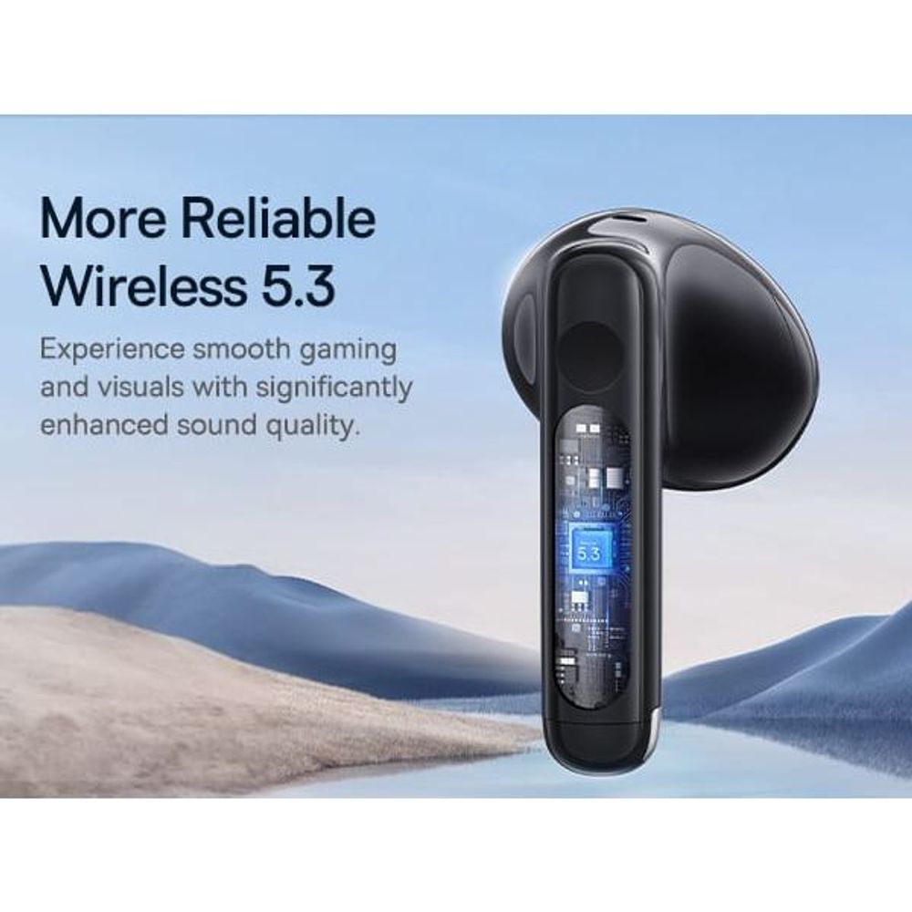 Black true wireless earbuds with charging stem, shown with a sleek side view
