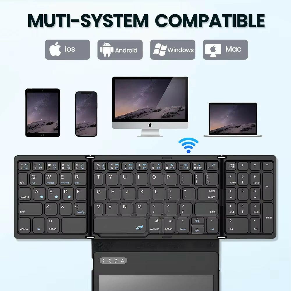 Portable Quadruple Folding Wireless Bluetooth Keyboard with Integrated Touchpad for Tablets and Smartphones