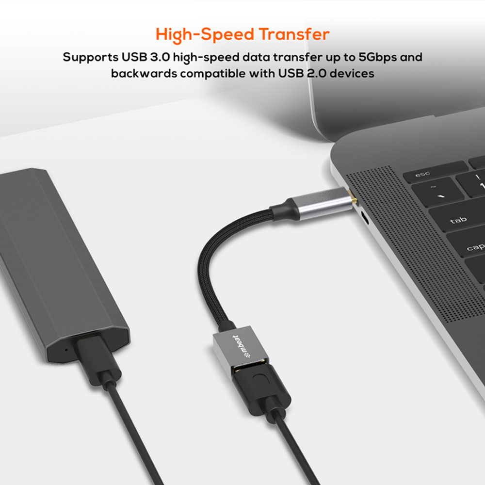 USB-C to USB 3.0 adapter cable with USB-A plug connected to a device port