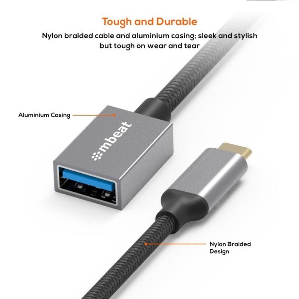Aluminum USB-C to USB 3.0 adapter with nylon braided cable and USB-A plug