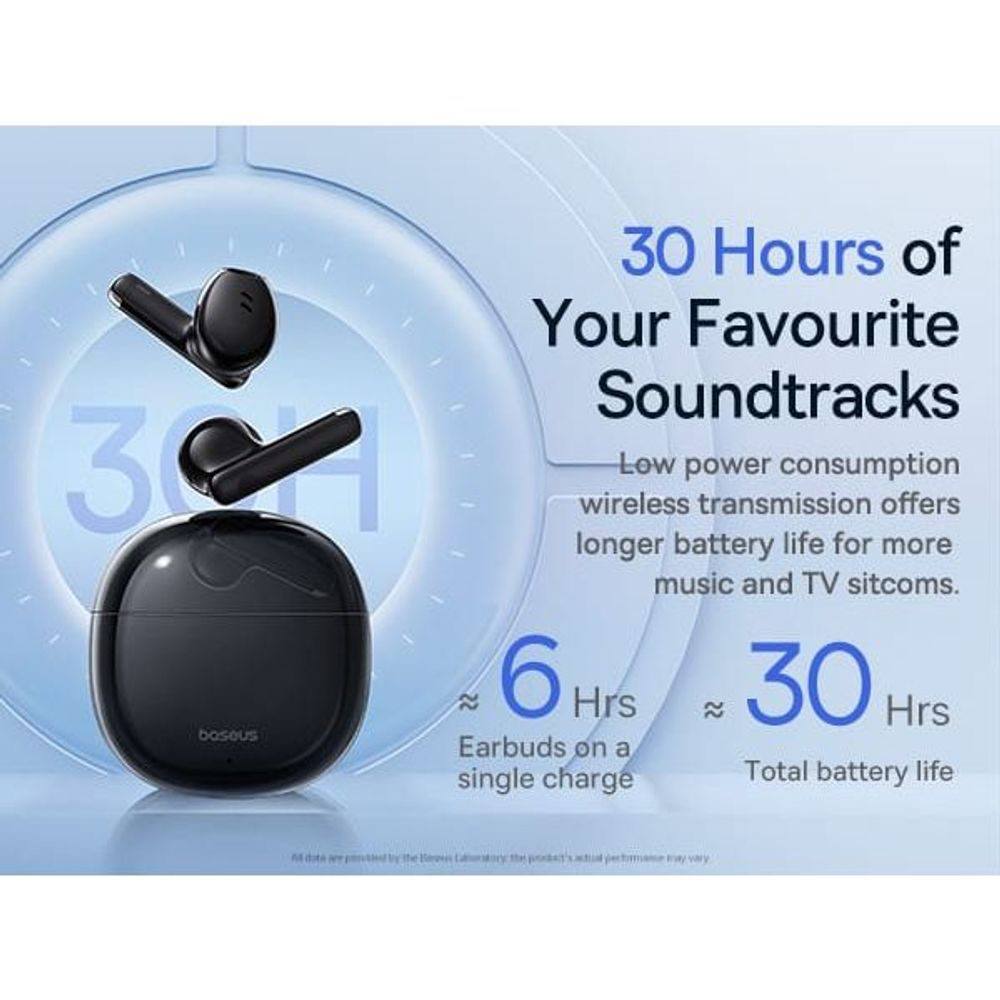 Black true wireless earbuds with a round charging case, front view