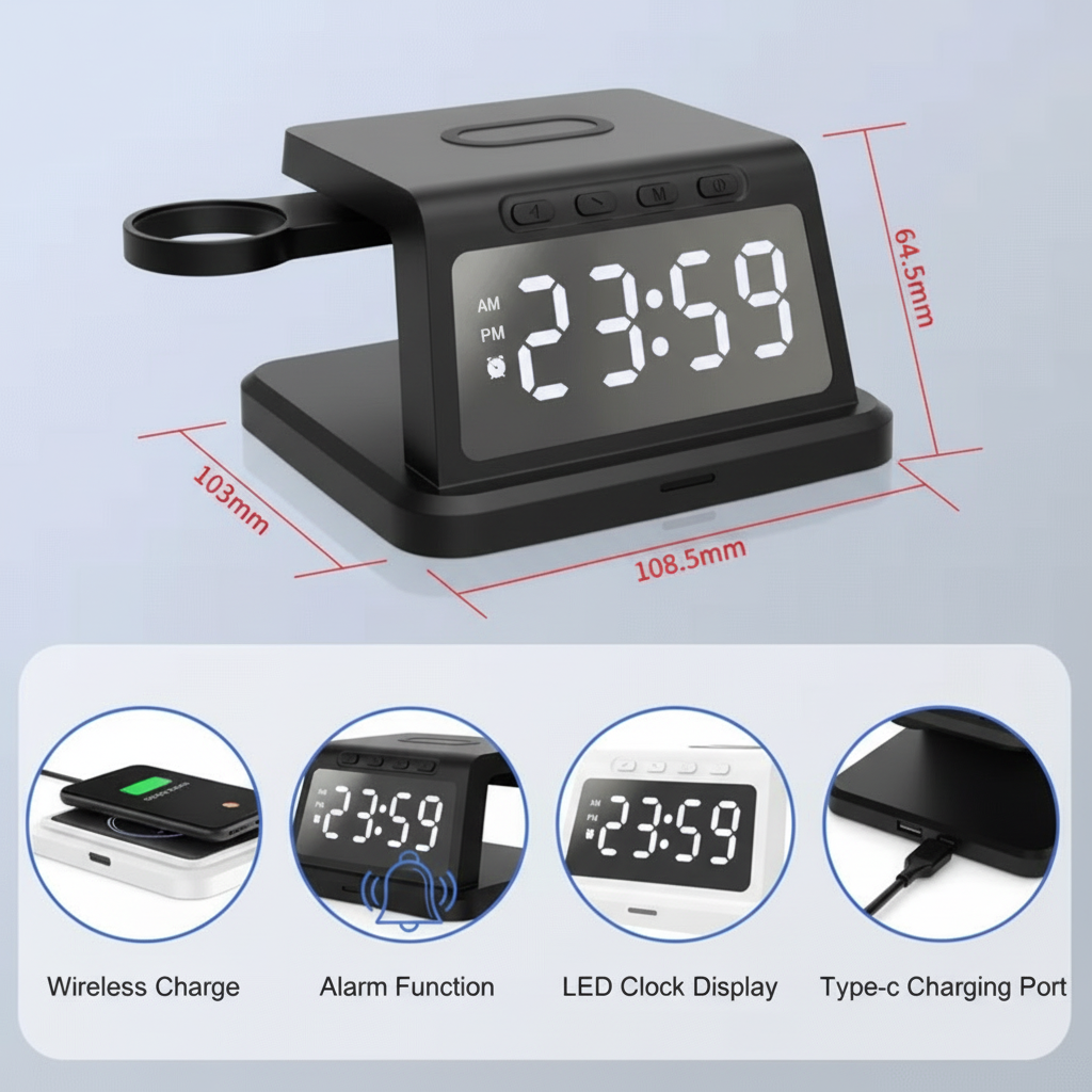 Digital Alarm Clock Wireless Charger – 3W/5W/7.5W/10W Multifunction Charger