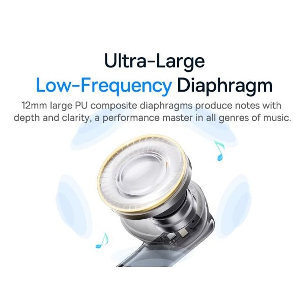 Earbud driver and low-frequency diaphragm illustration with transparent detail