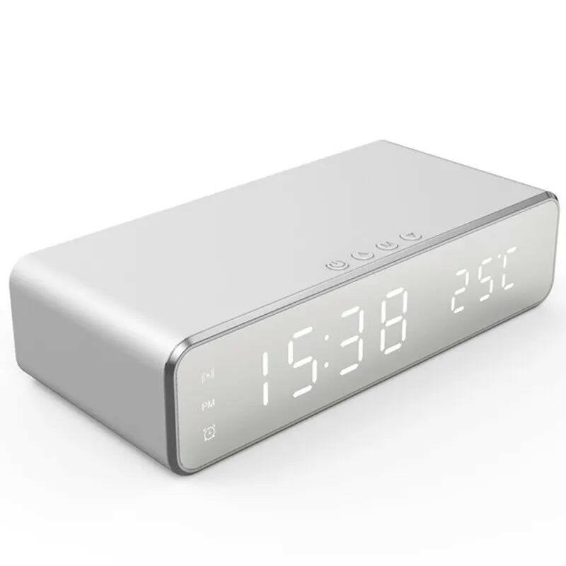 Wireless Charging Dock Station with Time Alarm Clock, LED Digital Thermometer, and Fast Charging for iPhone and Samsung Earphones Silver