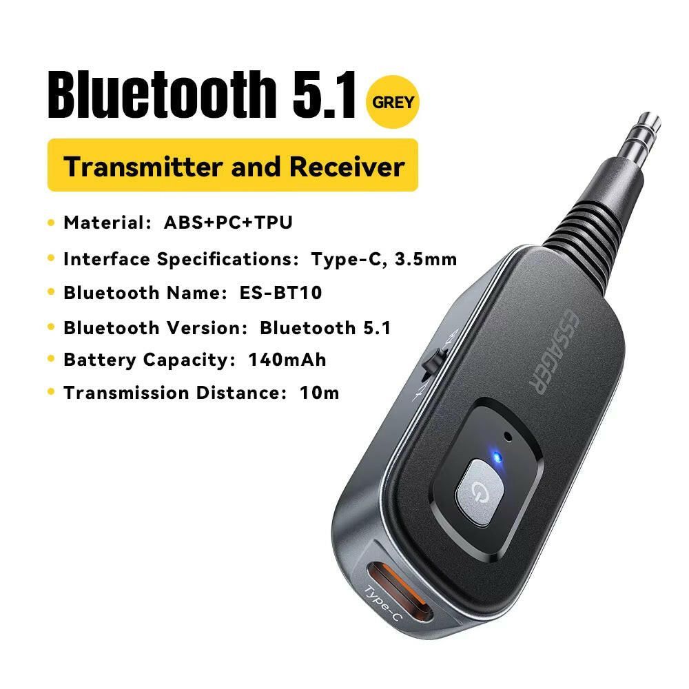Bluetooth 5.1 Audio Receiver and Transmitter with 3.5mm AUX and Microphone for Wireless Stereo Music Streaming Black V5.0