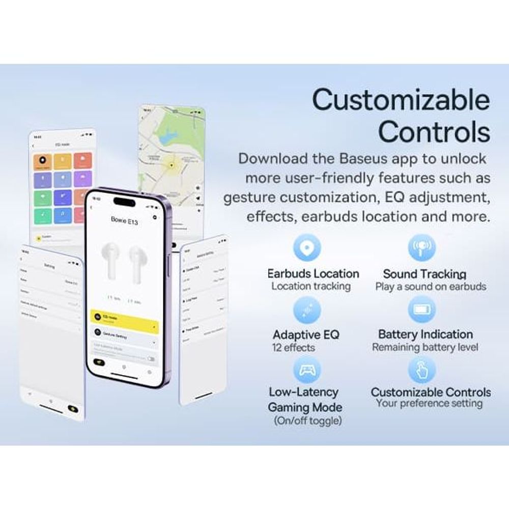 White true wireless earbuds with app-based customizable controls shown