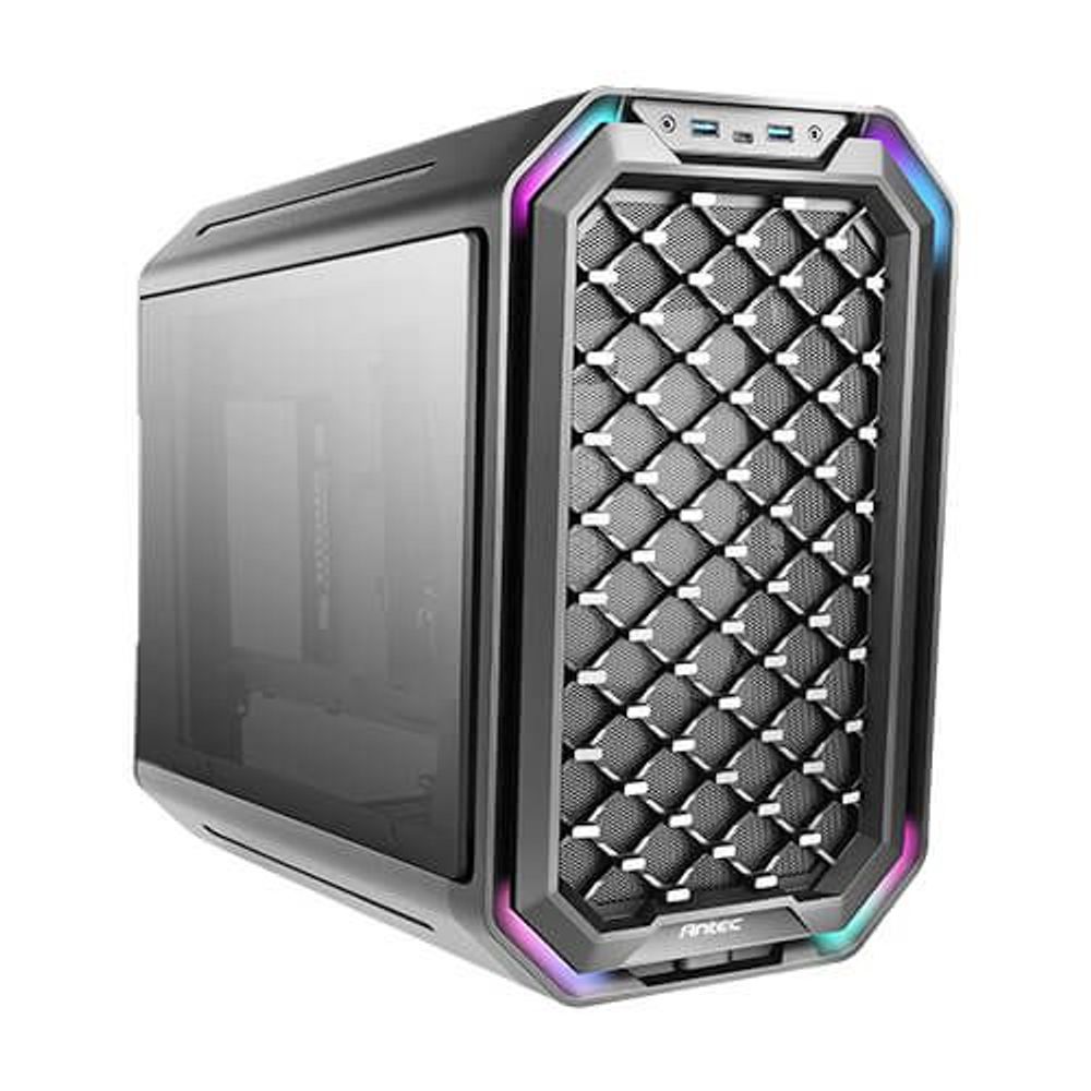 MATX computer case showing front hex mesh panel behind glass, RGB-lit frame
