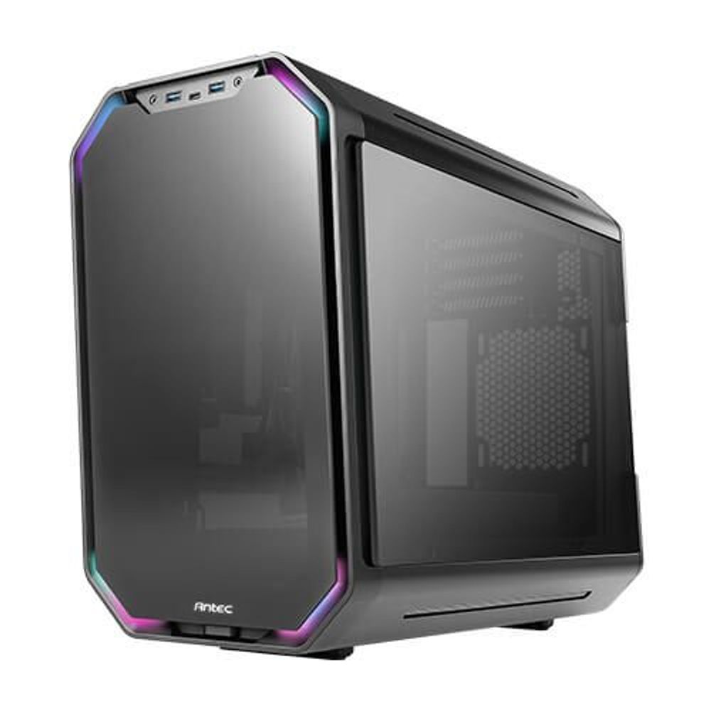 Mid tower PC case with tinted tempered glass, angular RGB accent trim and top I/O