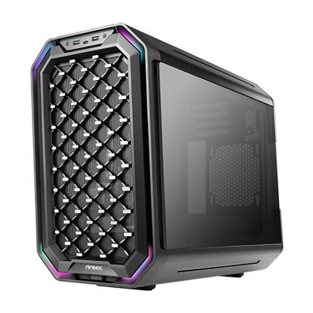 Mid tower PC case with front hex mesh panel and tinted glass side, RGB accents