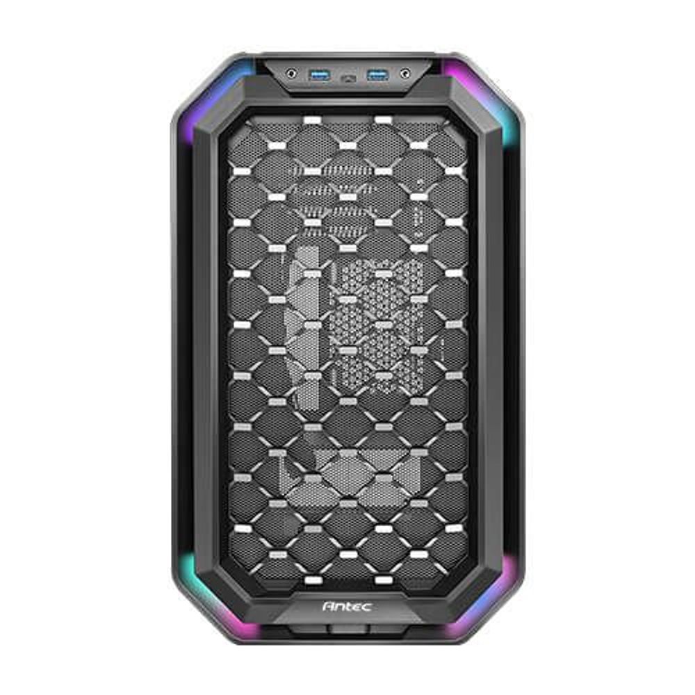 Mid tower PC case interior view through front panel, hex mesh pattern and RGB trim