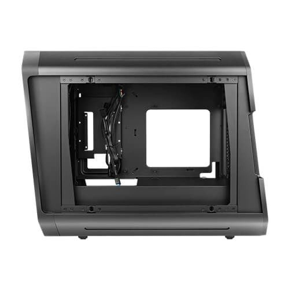 Mid tower PC case interior with front cover removed, open chassis and drive bays