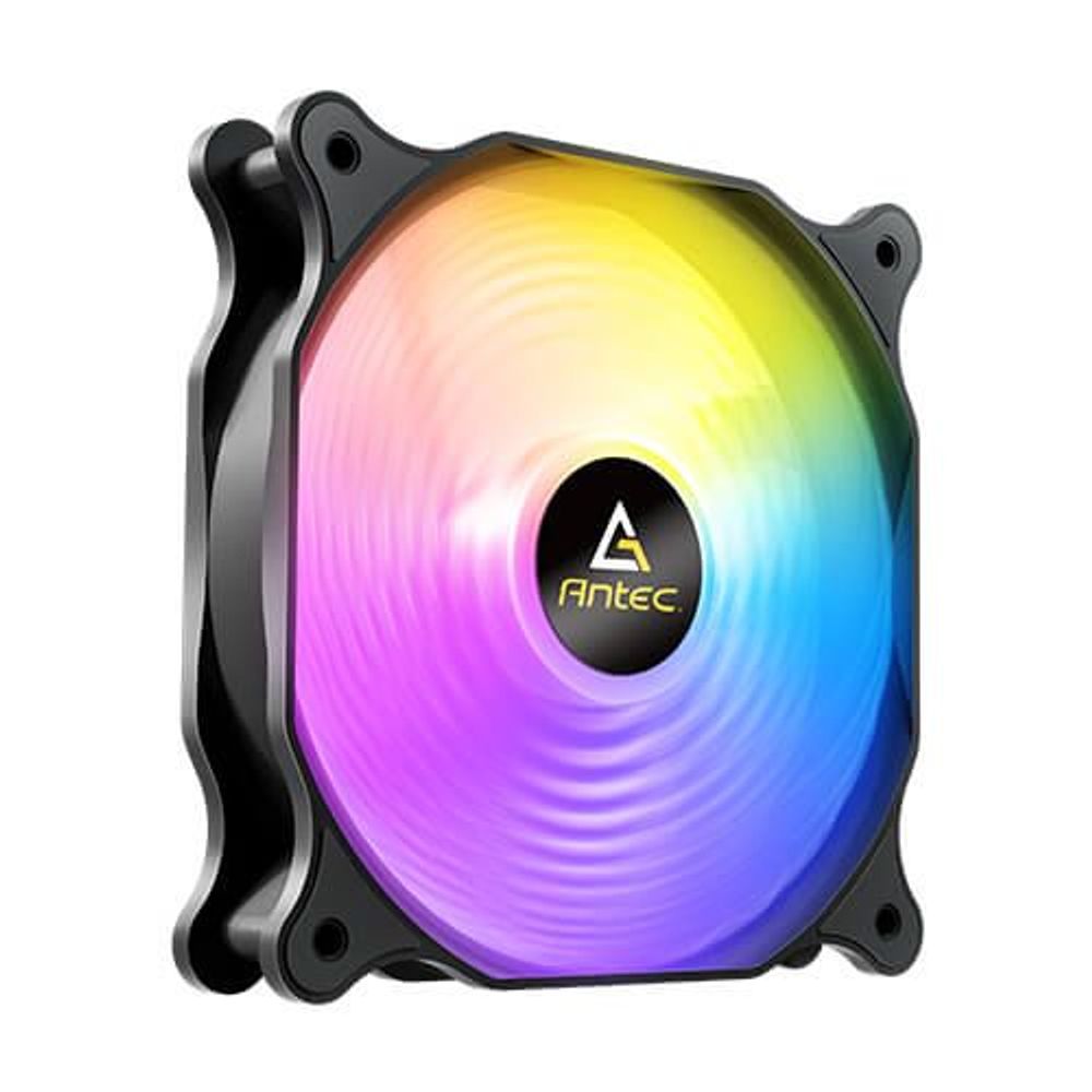 Antec ARGB 120mm PWM case fan with yellow-to-purple LED ring and black frame