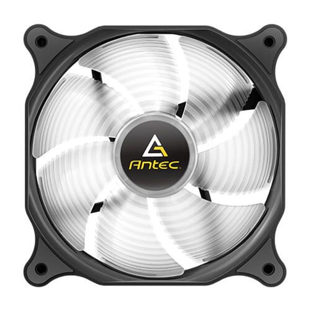 Antec 120mm PWM PC case fan front view with white blades and black corner mounts