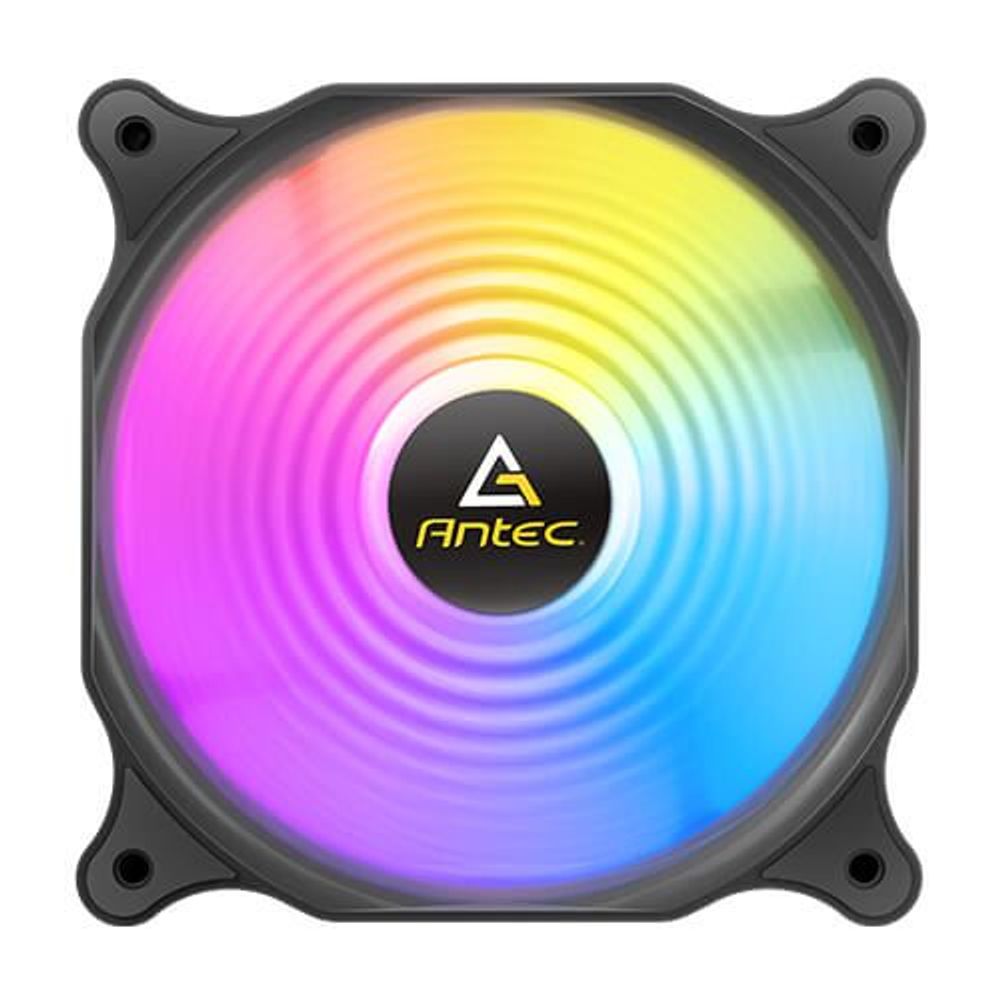 Antec 120mm ARGB PC case fan front view with rainbow LED glow and black frame