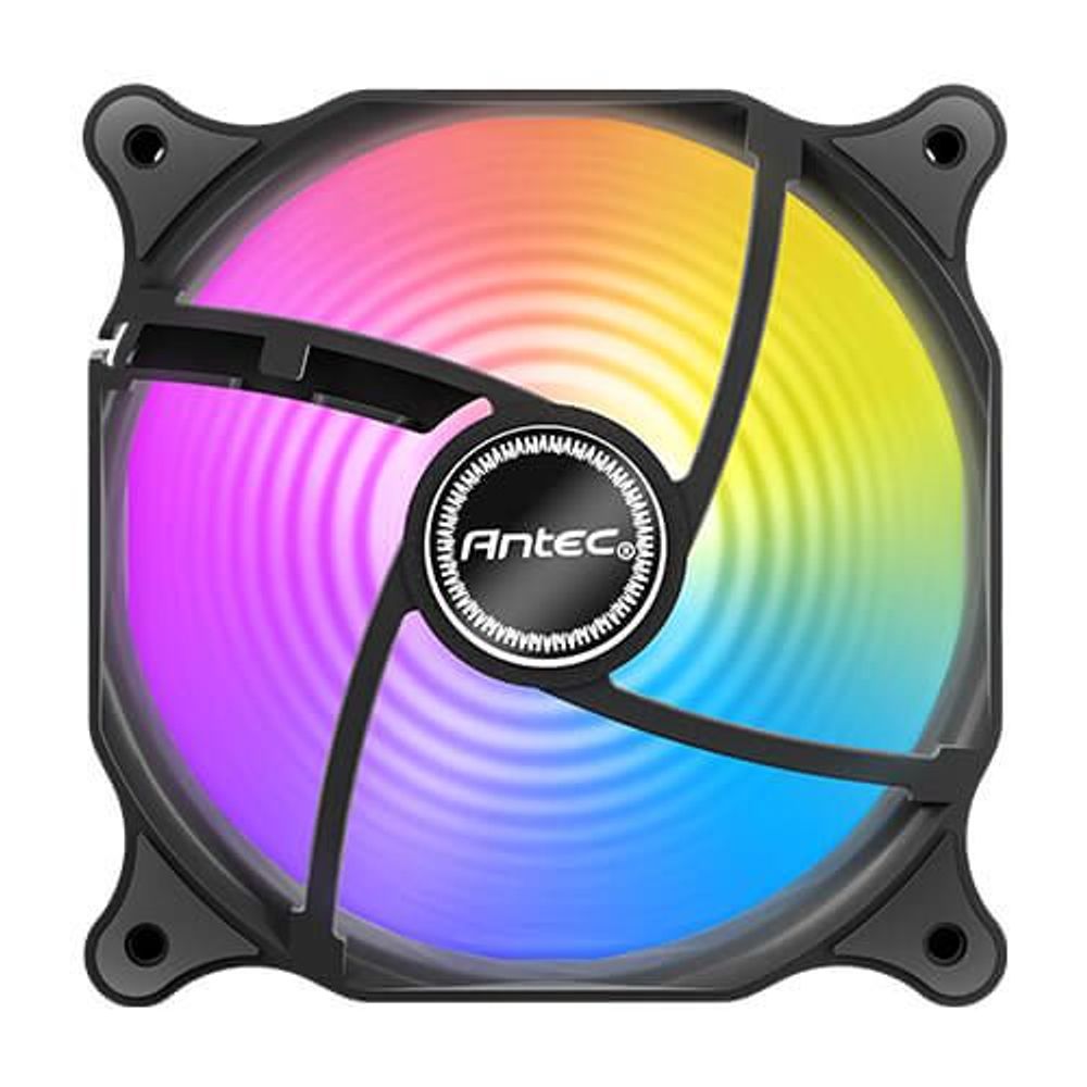 Antec 120mm ARGB PWM PC case fan side view with rainbow lighting through fan ring