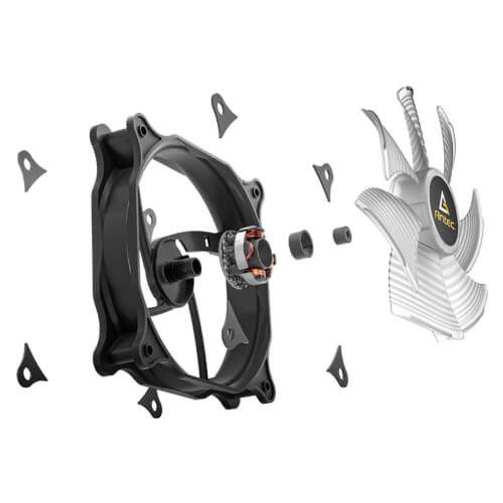 Antec 120mm PWM case fan kit shown partially disassembled with mounting parts