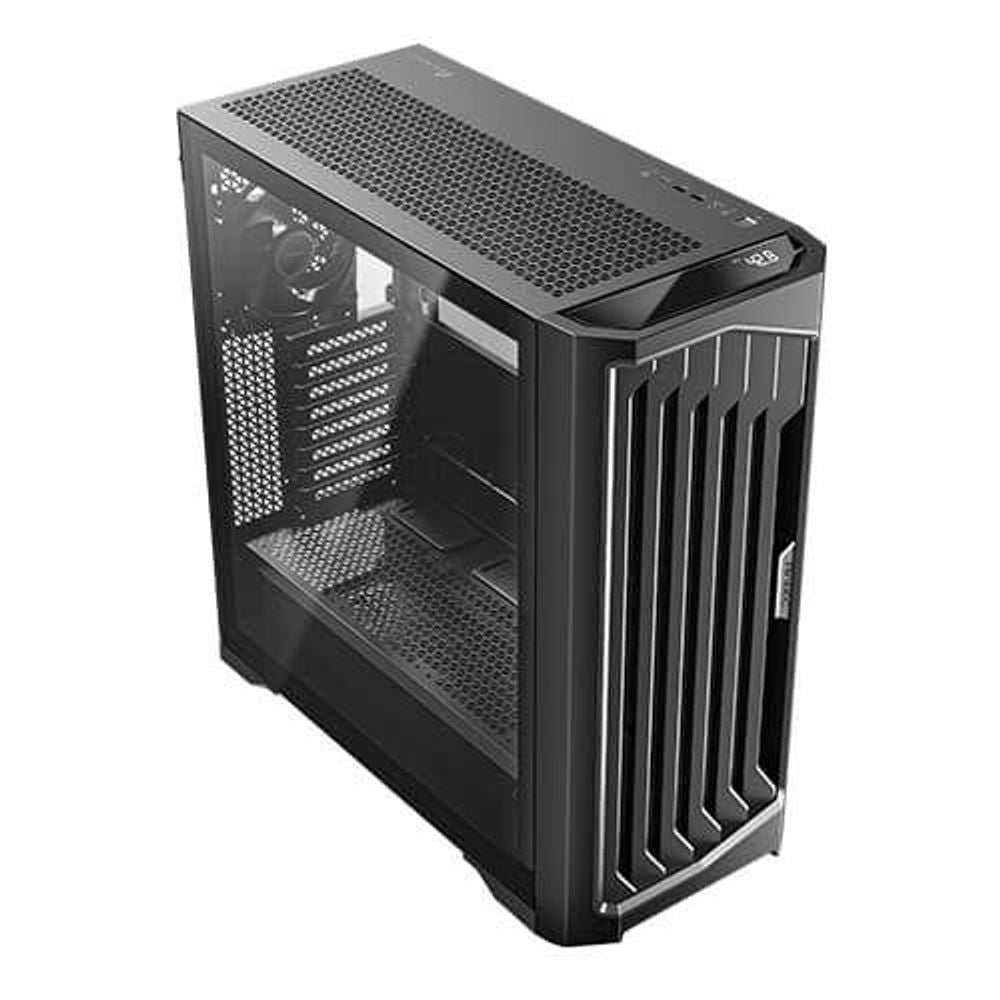 Black full tower PC case with mesh front, open interior bay, and side vent panel