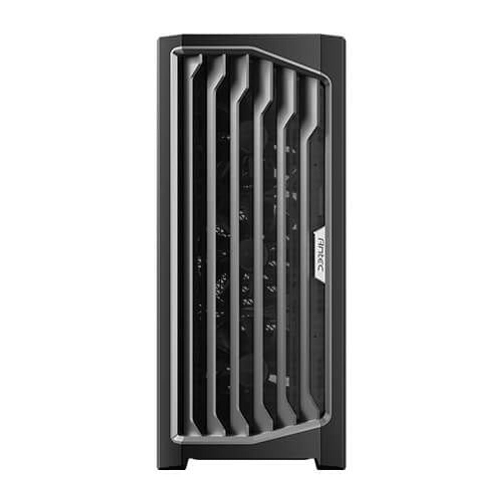 Full tower PC case with tempered-glass side window and vertical grille accents, black