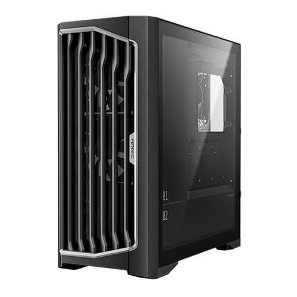Black full tower PC case with side window panel and internal fan shroud detail
