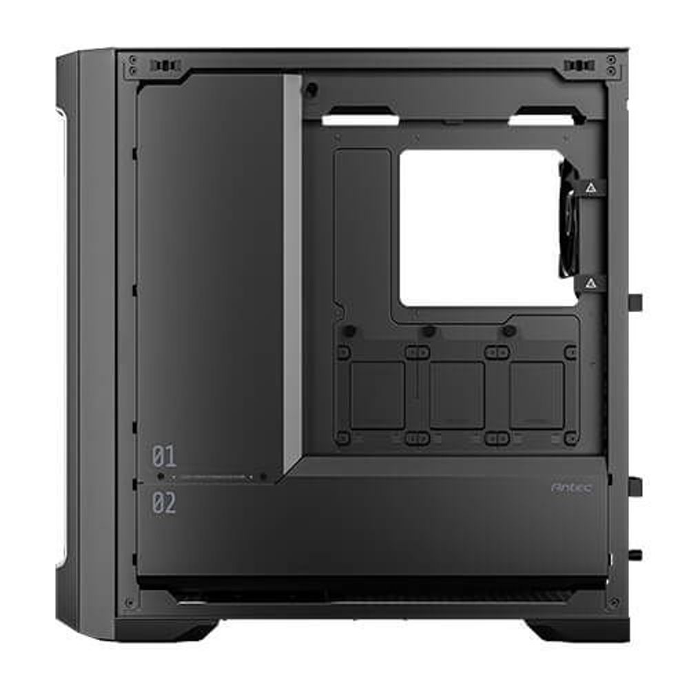 Full tower PC case back panel exposed, black chassis with drive mounting cutouts