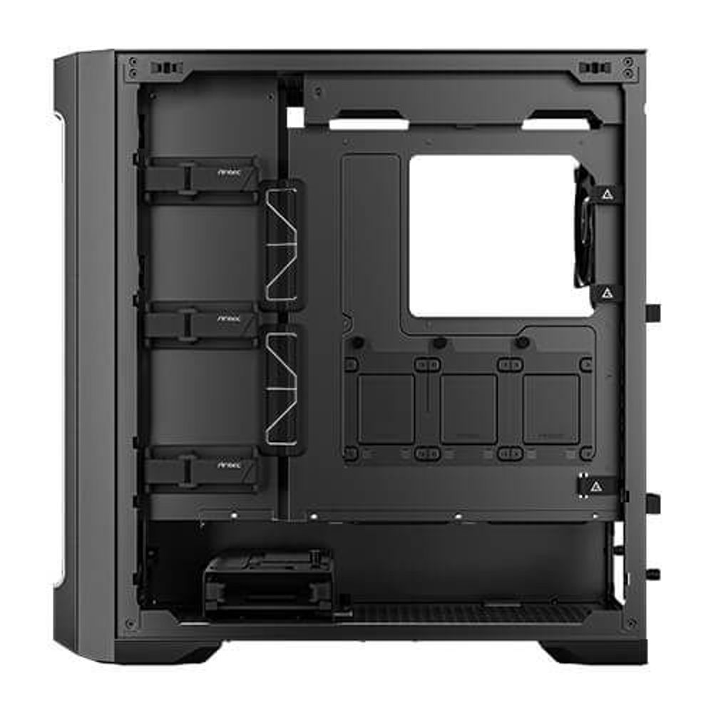 Full tower PC case interior view with mounting brackets and empty motherboard tray, black