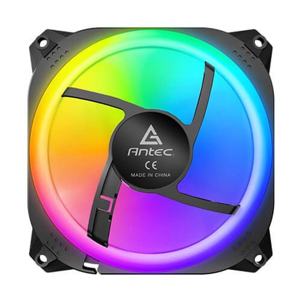 120mm ARGB PC fan front view with Antec label on black hub