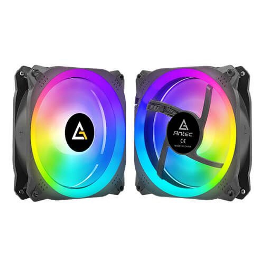 Two 120mm ARGB PC fans side-by-side with rainbow LED rings on black frames