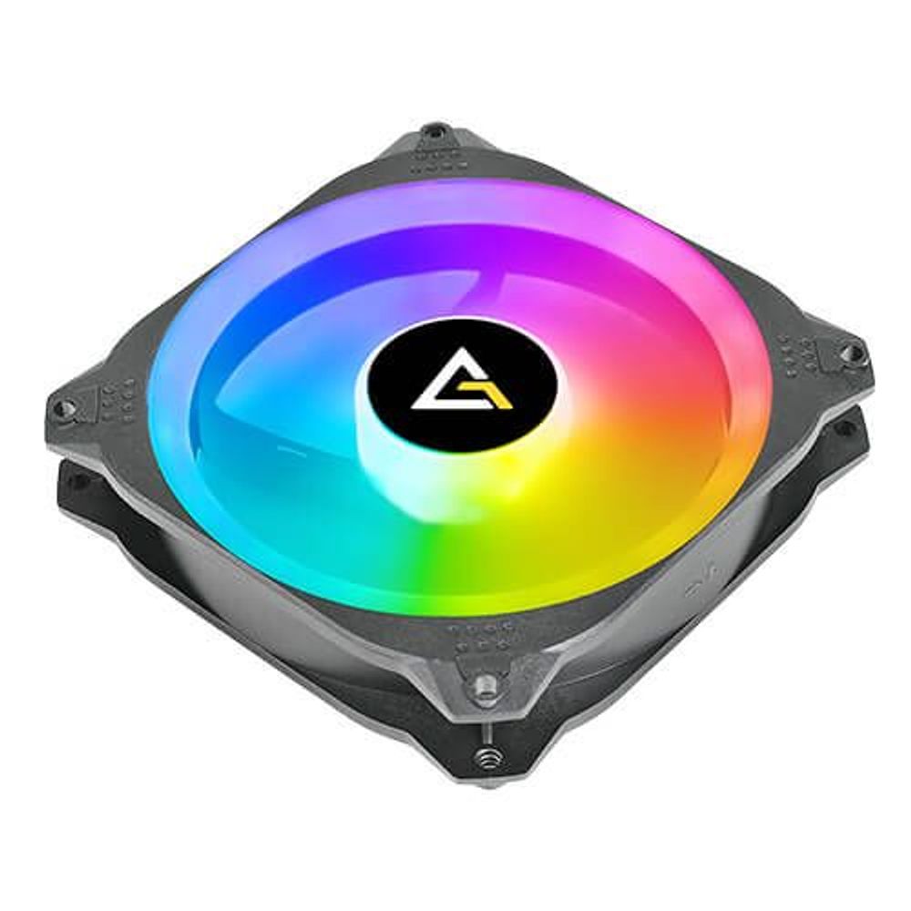 120mm ARGB PC fan angled view with multicolor LED ring on black frame