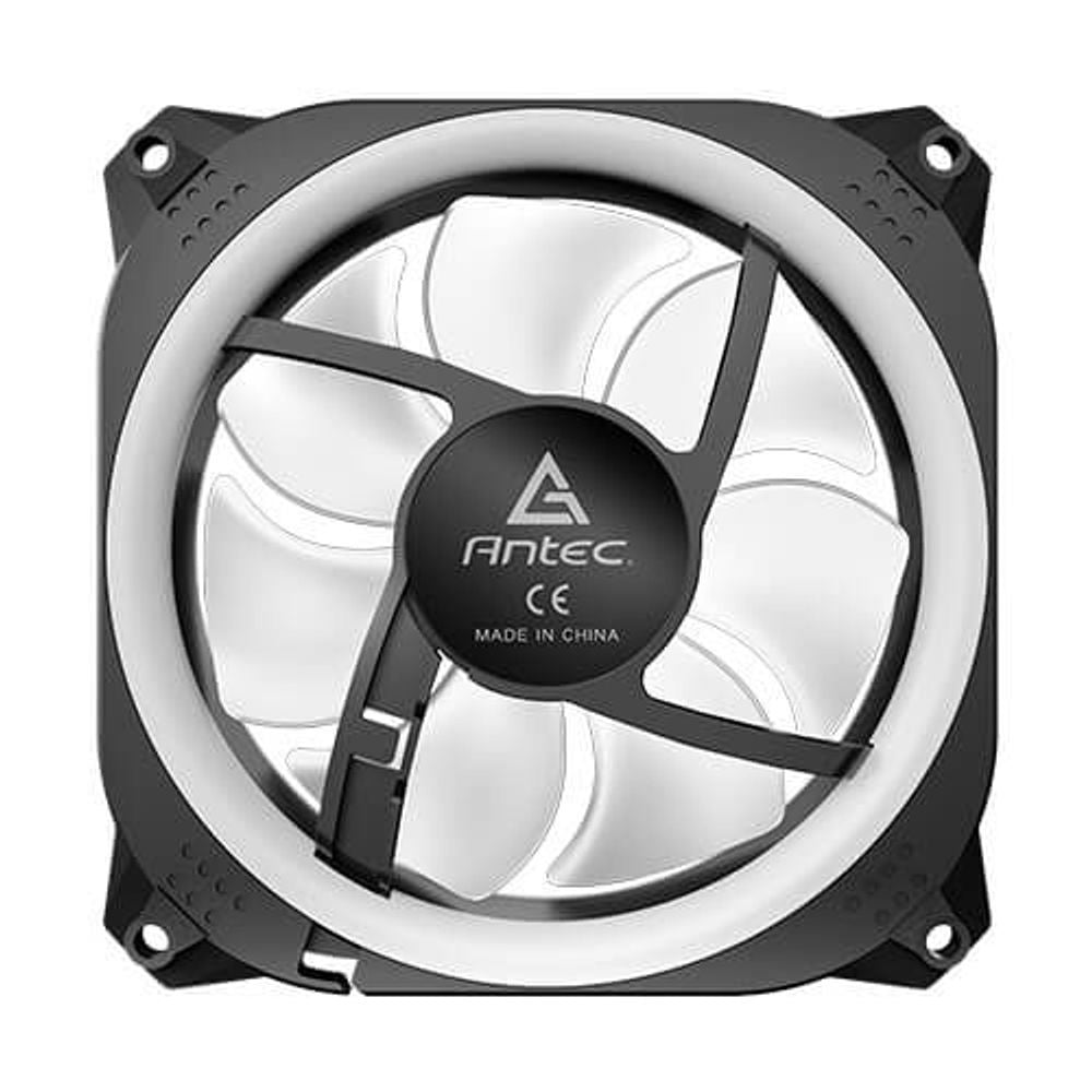 120mm PC fan front with white LED blades and black hub labeled Antec