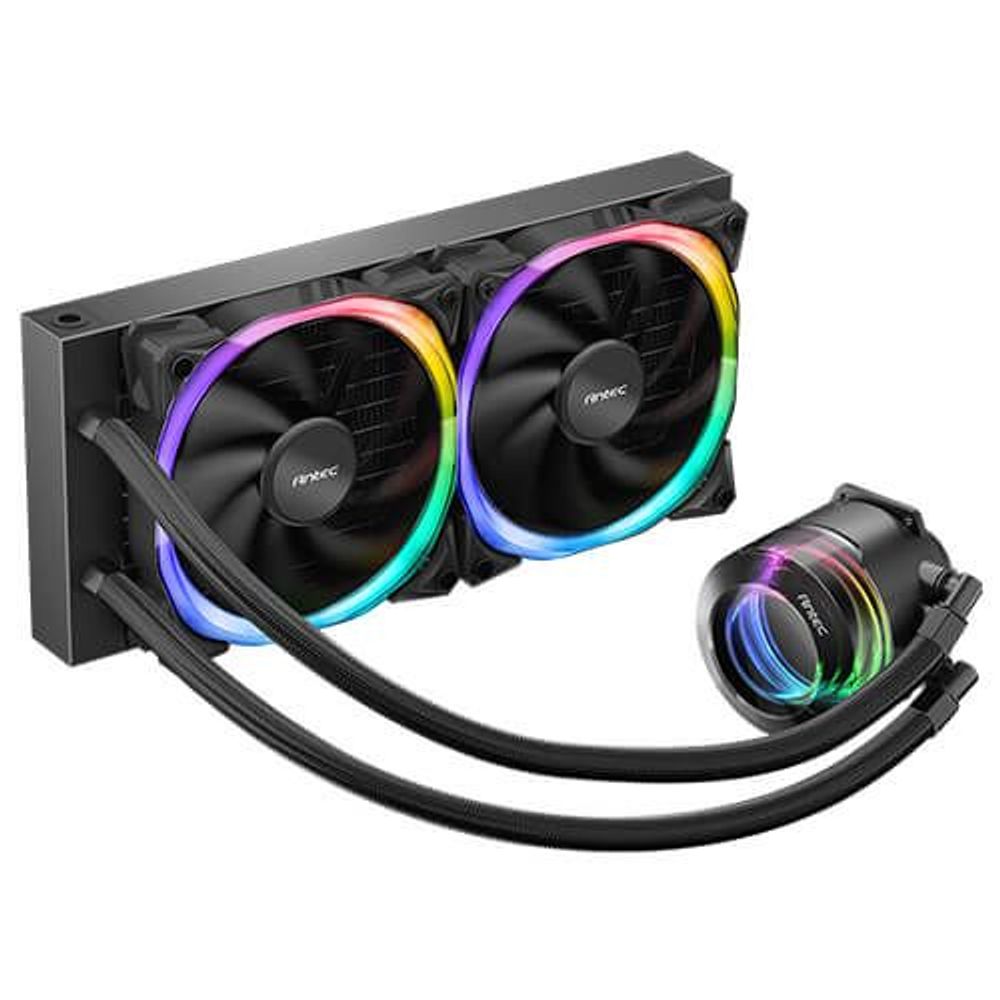 240mm ARGB liquid cooling system with dual fans, pump, and curved black tubes