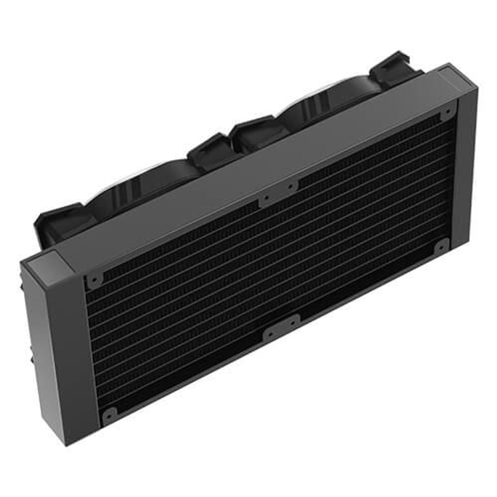 Black 240mm liquid cooling radiator end view with fin grille and brackets