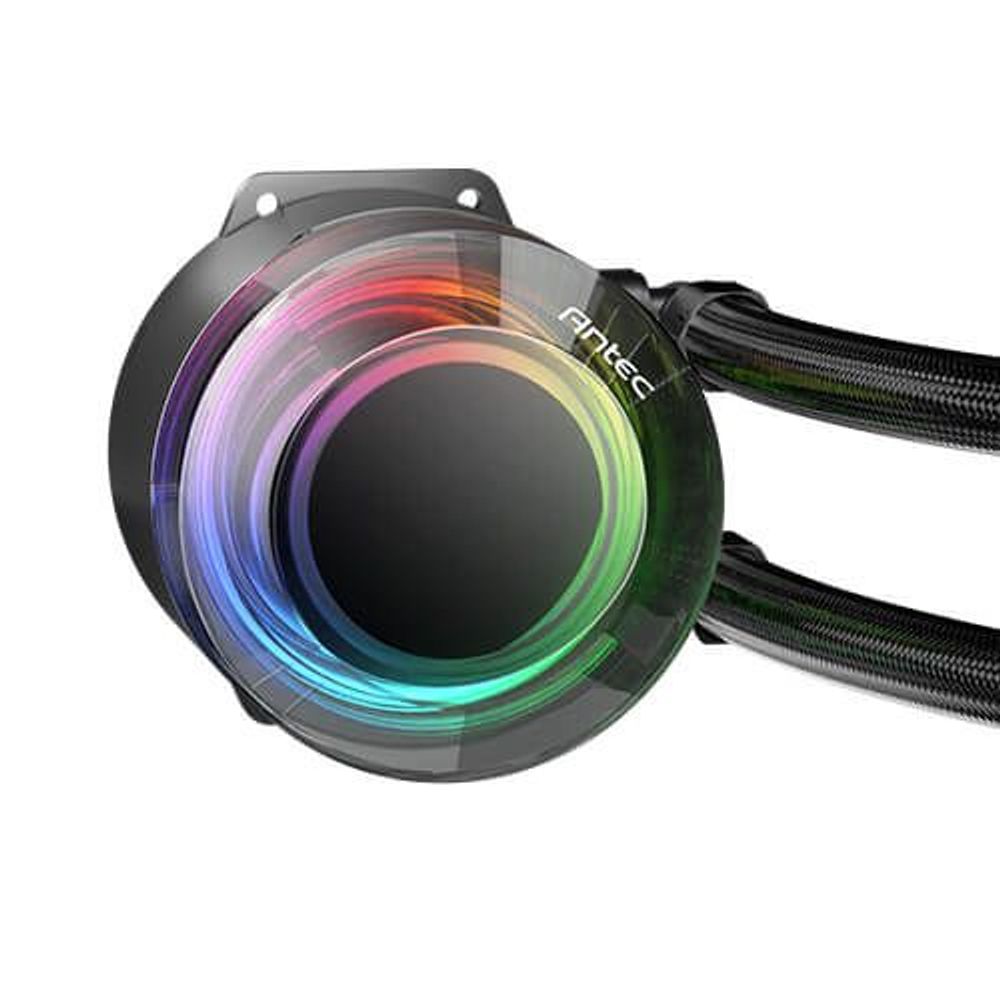 ARGB pump block with glowing multicolor LED ring and braided black tubing