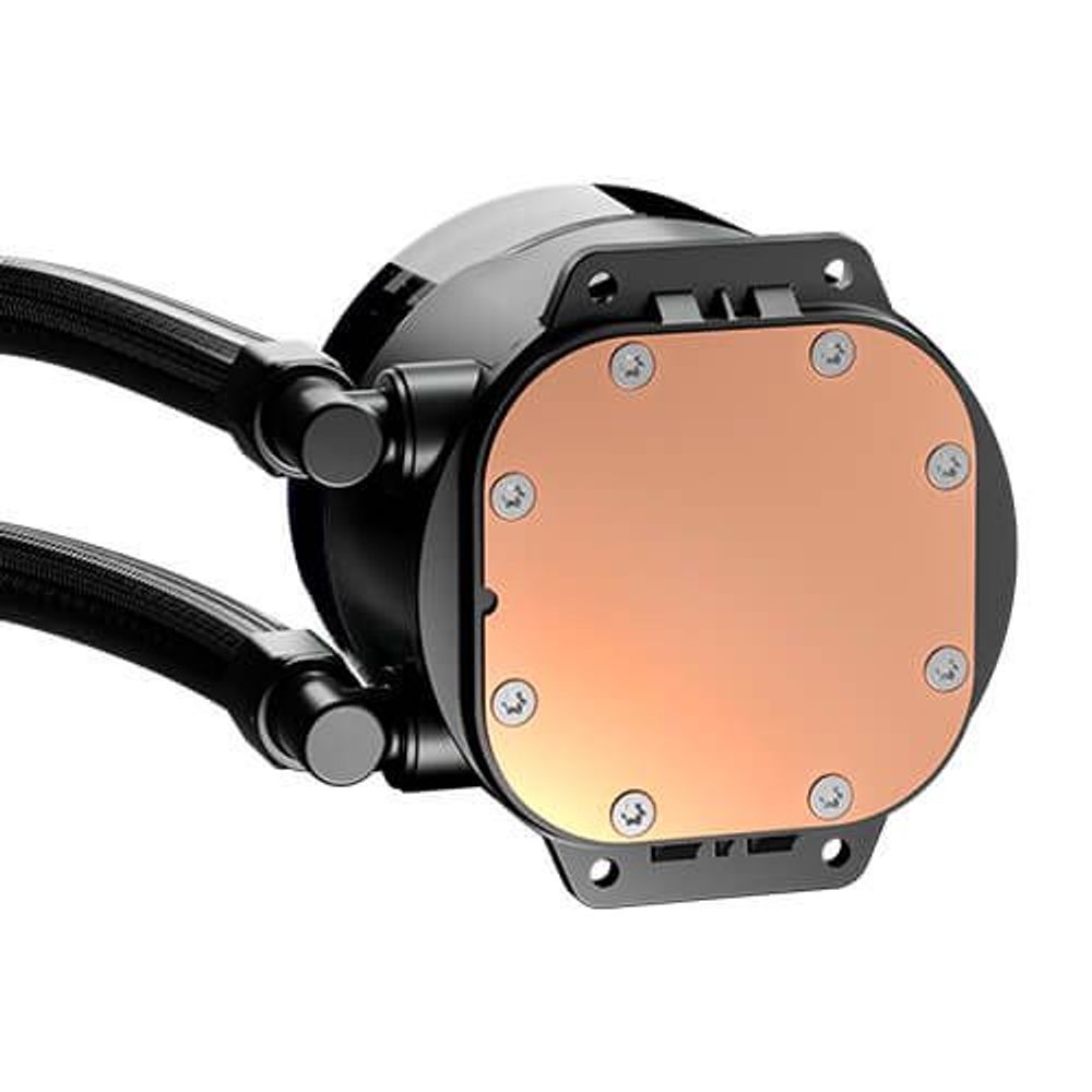 ARGB liquid cooling pump housing with orange top panel and black braided hoses