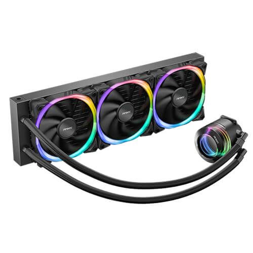 ARGB liquid cooling system showing three RGB fans, braided tubes, and pump block