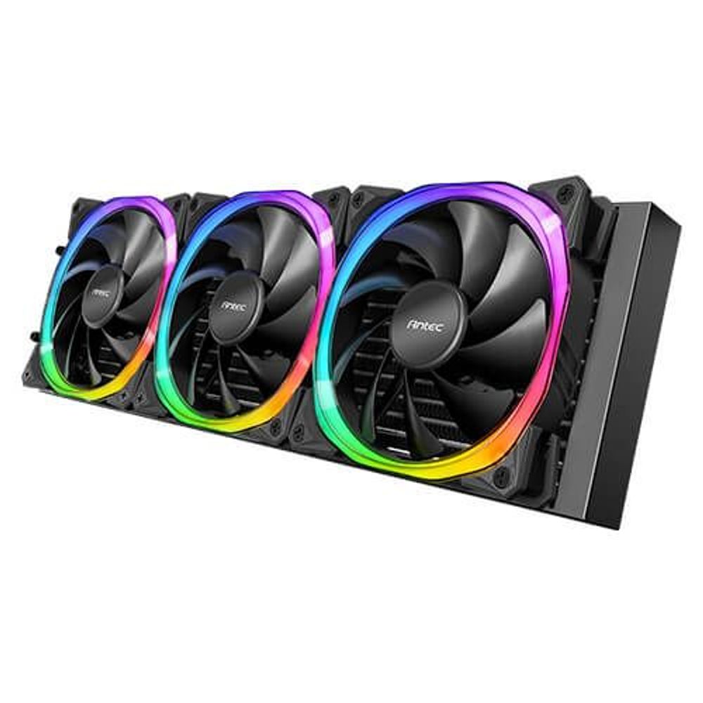 ARGB liquid cooler radiator with three fans and glowing rainbow LED rings